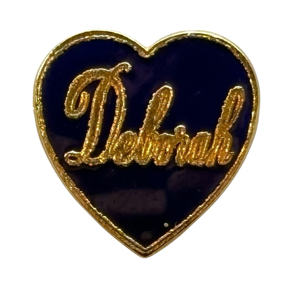 Deborah Name Lapel Hat Pin Pinback Small Dark Blue Heart Shape Enamel Gold Tone